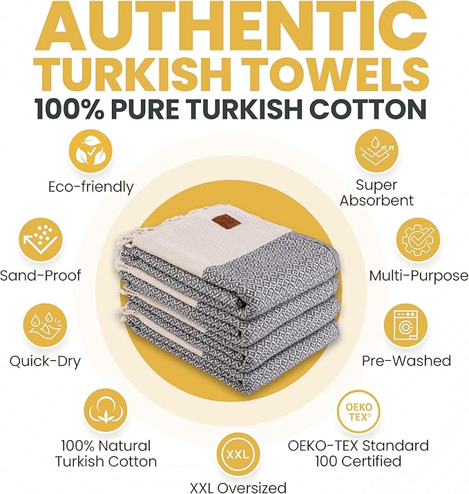 Gold CASE Turkish Beach Towel Set of 4 – 100% Cotton Large Turkish Bath Towels 67 x 38'' – Aphrodite Extra Large, Quick Dry & Sand Free Towels – Peshtemal for Pool – Grey