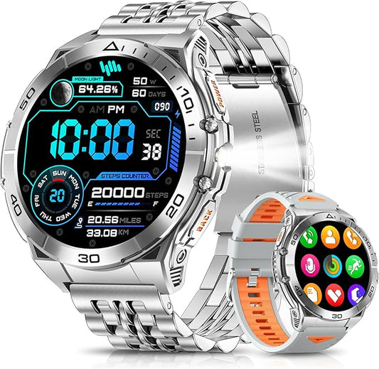 Military Smart Watch for Men with LED Flashlight, 1.60″ AMOLED Always-On Display, 600mAh (5–10 Days), Bluetooth Call, IP68 Waterproof, Heart Rate/Sleep/SpO₂, 170+ Sports Modes, for Android iPhone