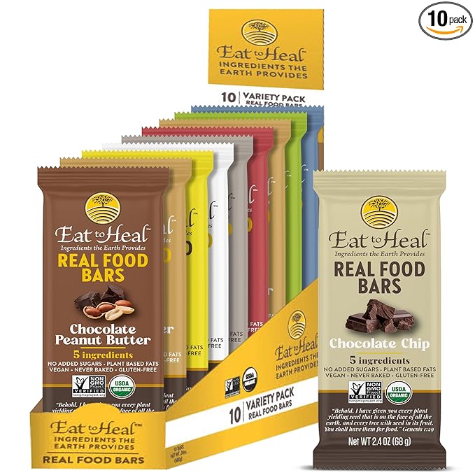 EatToHeal Variety Pack Real Food Bar - Organic Vegan Healthy Gluten Free Protein Bars - Low Sugar Meal Replacement Bar, Non GMO, Never Baked, Plant Based - Crafted to Enjoy, Not Sit on Shelves