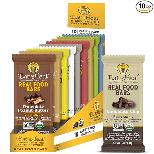 EatToHeal Variety Pack Real Food Bar - Organic Vegan Healthy Gluten Free Protein Bars - Low Sugar Meal Replacement Bar, Non GMO, Never Baked, Plant Based - Crafted to Enjoy, Not Sit on Shelves