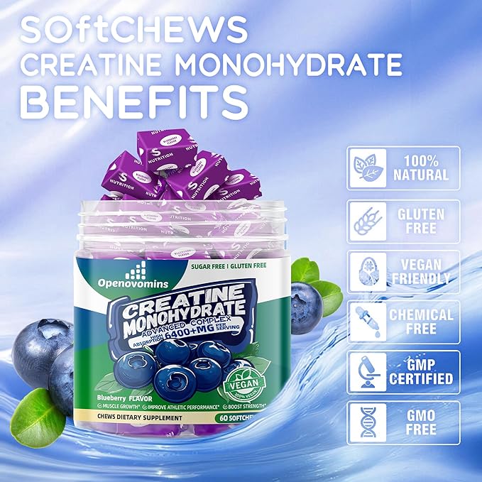 Creatine Monohydrate Soft Chews Complex 6400mg for Men & Women -Advanced Formula W/L-Taurine + Vitamin B12, Sugar Free Chewable Supplement,60 Blueberry Softchews