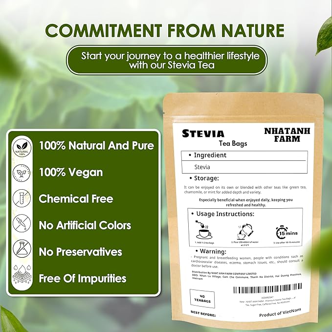 NHAT ANH FARM - Premium Stevia Tea Bags, 40 Stevia Tea Bags, 100% Natural Dried Leaves, Naturally Sweet Herbal Tea, Sugar-Free, Caffeine-Free, No Additives.