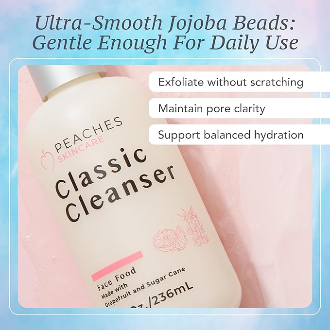 Peaches Skincare Hydrating Facial Cleanser – Vegan Face Wash with Grapefruit, Sugar Cane, and Gotu Kola – Lightly Exfoliating Daily Formula for All Skin Types – Classic Cleanser – 8 oz