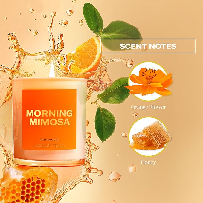 Homesick Scented Candles for Home (Morning Mimosa) - 7.5 oz Long-Lasting Natural Soy Wax Blend Jar Candle Gift for Women & Men for All Occasions, 30-35 Hours Burn Time - Notes of Orange Flower & Honey