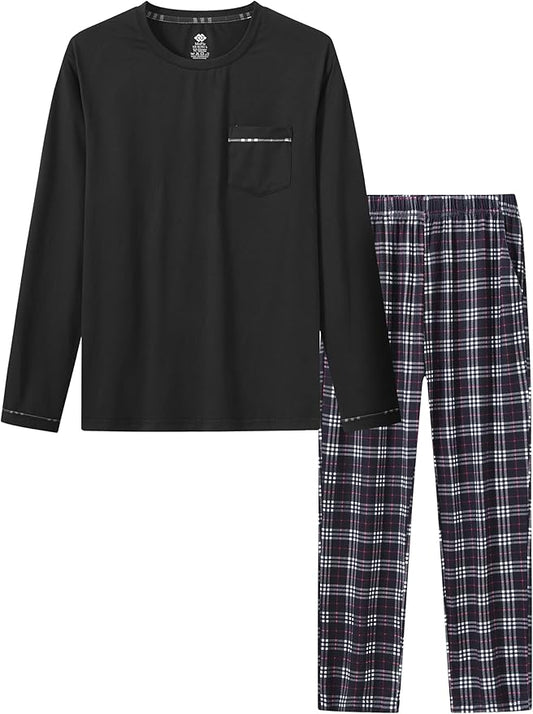 MoFiz Men's Pajamas Plaid Sets Sleepwear Sleep Long Sleeve Shirts and Pants Pajama Set Soft Mens Pjs Lounge Set with Pockets