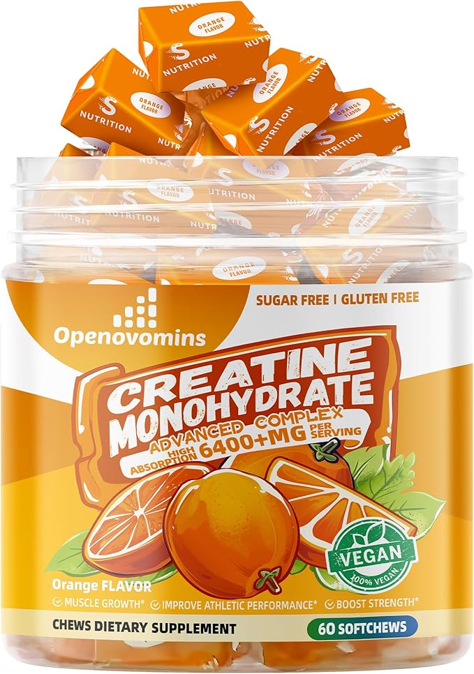 Creatine Monohydrate Soft Chews Complex 6400mg for Men & Women -Advanced Formula W/L-Taurine + Vitamin B12, Sugar Free Chewable Supplement,60 Orange Softchews