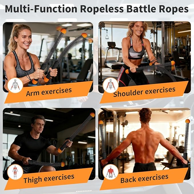 Ropeless Battle Ropes Weighted — 2 Pack Portable Cordless Battle Ropes for HIIT & Cardio Full-Body Workout Tool with Non-Slip Spiral Handles, Travel-Friendly Home Gym Equipment for Women & Men