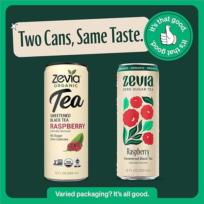 Zevia Zero Sugar Tea, Black Tea with Raspberry, 12 oz Cans (12-Pack) – Naturally Sweetened, Zero Calorie Sugar Free - Non-GMO Project Verified, Gluten-Free, Vegan