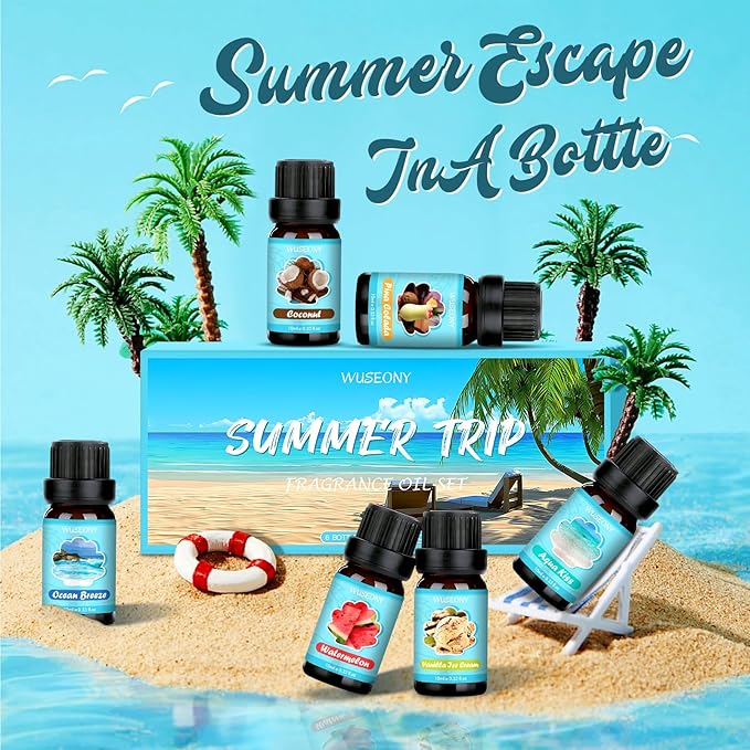 Summer Fragrance Oils Set, Premium Essential Oils for Diffuser, Natural Aromatherapy Oils for Soap Candle Making - Ocean Breeze, Coconut, Pina Colada, Watermelon, Vanilla Ice Cream, Aqua Kiss