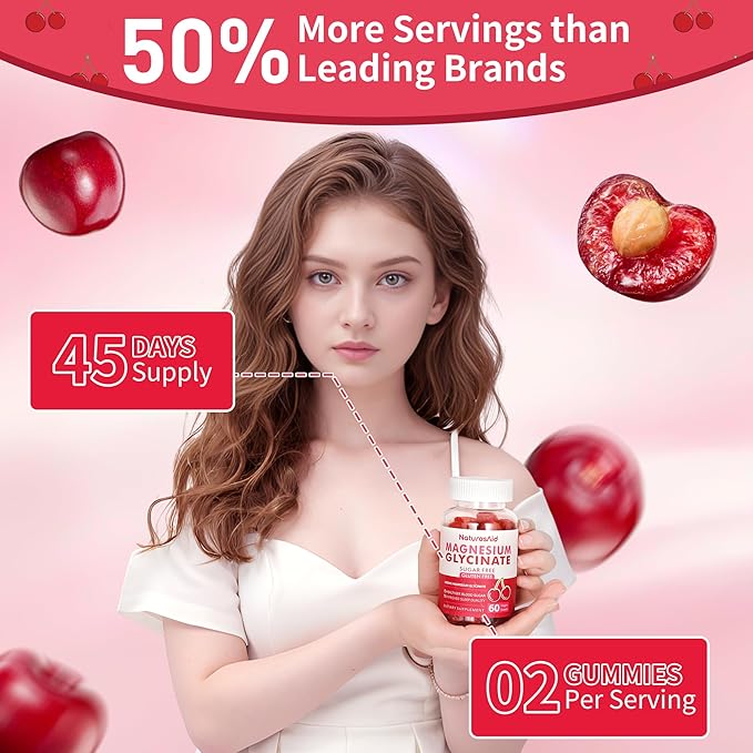 Natures Aid Magnesium Glycinate Gummies 1000mg - Sugar Free Magnesium Potassium Supplement with Vitamin D, B6, CoQ10 for Calm Mood & Sleep Support - 120 Cherry Gummies -2 Pack