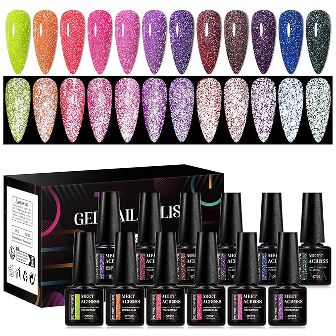 MEET ACROSS Reflective Glitter Gel Nail Polish Set of 12 Colors Pink Red Black Purple Shimmer Sparkle Gel Polish Collection Kit LED Soak Off Nail Polish Manicure Art Gel Kit Home DIY Nail Salon