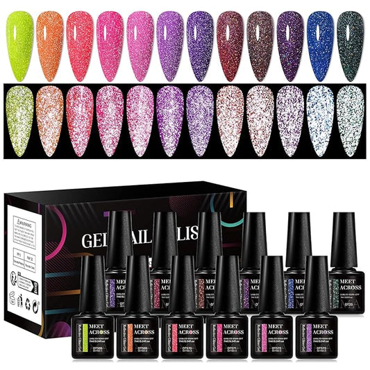 MEET ACROSS Reflective Glitter Gel Nail Polish Set of 12 Colors Pink Red Black Purple Shimmer Sparkle Gel Polish Collection Kit LED Soak Off Nail Polish Manicure Art Gel Kit Home DIY Nail Salon