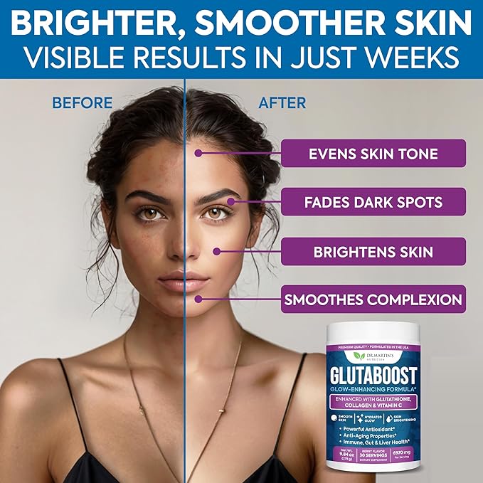 6970mg Glutathione Powder for Skin Brightening Enhanced with Collagen & Vitamin C | Brightens Skin, Fades Dark Spots & Melasma, Anti-Aging Antioxidant | Supports Immune, Gut & Liver Health
