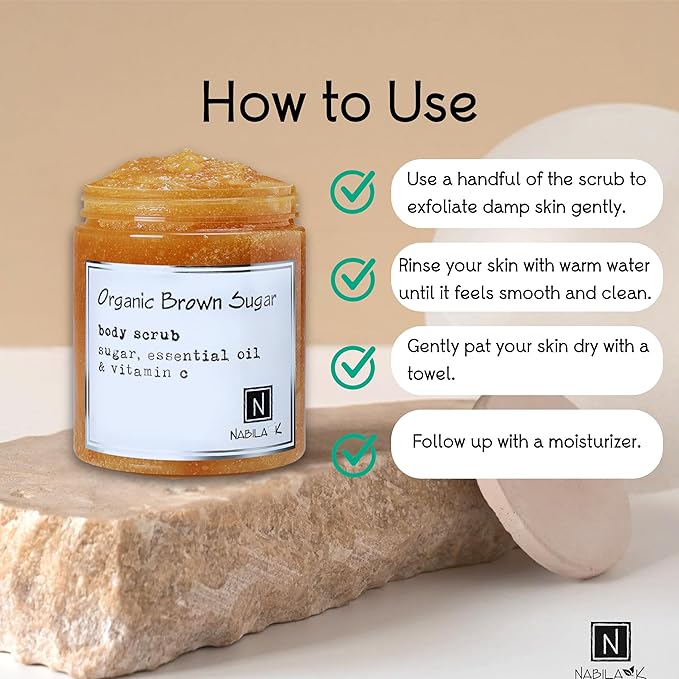Organic Brown Sugar Body Scrub Made in USA with Essential Oil and Vitamin C by Nabila K - Exfoliate and Moisturize for Smooth Skin - Luxury for Women & Men, 3 oz