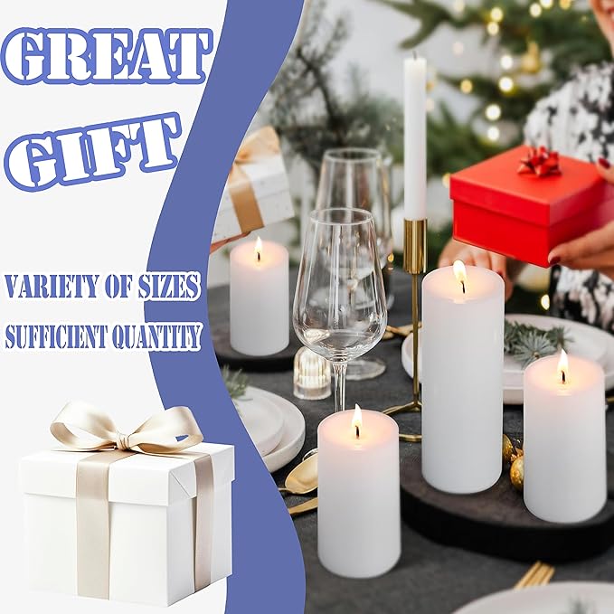 18 Pcs White Pillar Candles Bulk Set，2x3 2x6 2x8 Inch - 12 Each Size，Hurricane Candles，Dripless Unscented Smokeless，Gives You a Better Atmosphere When Organizing an Event Party.
