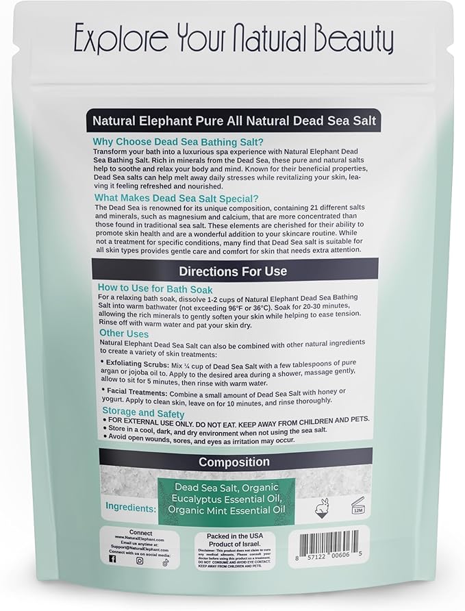 Natural Elephant Dead Sea Eucalyptus Mint Bath Salt - Bathing and Foot Soak for Energizing and Refreshing 100% Pure with Organic Eucalyptus Mint Essential Oil Medium Coarse Grain (5 lb (80 oz) Bag)