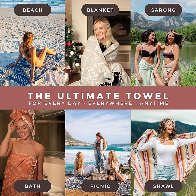 FESHKA Sand Free Turkish Beach Towel (37 x 67) Quick Dry Bath Towel, Oversized Beach Blanket, Lightweight for Travel - Made with 100% Organic Turkish Cotton - Golden Hour (Yellow/Maroon)
