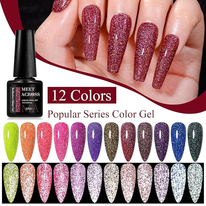 MEET ACROSS Reflective Glitter Gel Nail Polish Set for Christmas Nails 12 Colors Including Pink Red Purple Holographic Gel Polish Kit UV LED Soak Off Nail Polish Home DIY Manicure Nail Salon Varnish