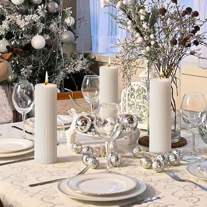 KONNI White Pillar Candles 2.4 x 7.9 inch Unscented Pillar Candle Bulk, Long Burning Candles, Smokeless Dripless Large Round Gear-Shaped Candle for Wedding, Home Decoration, Party, Spa, Dinner