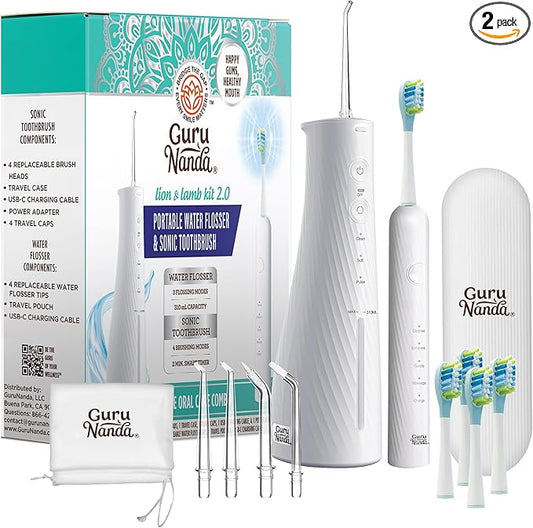 GuruNanda Lion & Lamb Kit 2.0, Electric Toothbrush with Water Flosser Combo, 4 Jet Tips, 4 Brush Heads, & IPX7 Waterproof Design for Complete Oral Care, White
