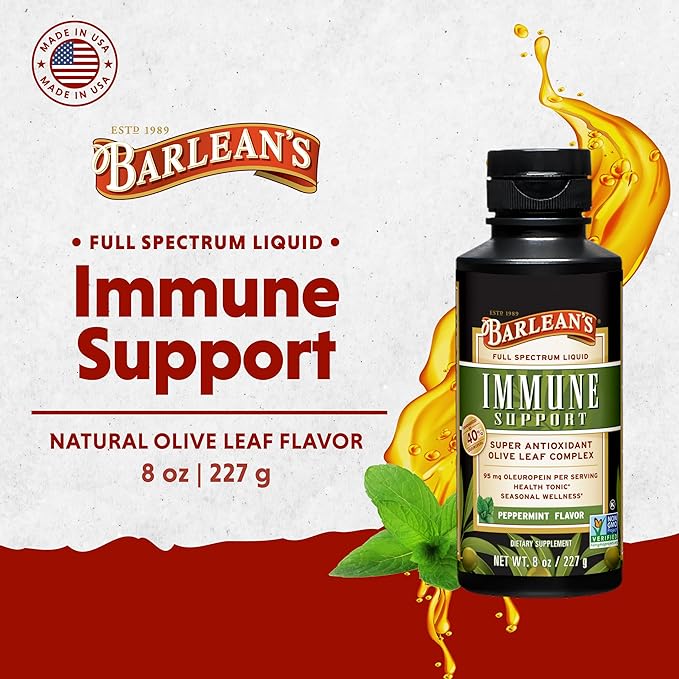 Barlean's Peppermint Olive Leaf Complex Liquid Immune Support Supplement, 95mg Oleuropein Antioxidants, 8 oz