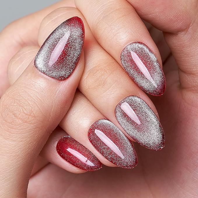 GLAMERMAID Red Magnet Cat Eyes Press on Nails Short Almond, Aurora Handmade Gel Fake Nail Kit, Ombre Rouge Glitter Magnetic Glue on Nail Stiletto, Scarlet Medium Oval Stick on False Nail Set for Women