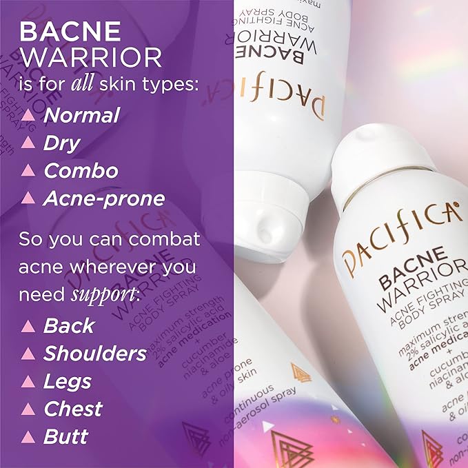 Pacifica Bacne Warrior - Bacne Salicylic Acid Spray, Back Acne Treatment Spray with 2% Salicylic Acid, Niacinamide, and Aloe, Body Acne Warrior for Body, Chest, and Back, Dermatologist Tested- 6 Fl Oz