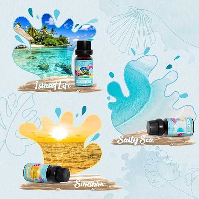 Beach Fragrance Oils Set, Essential Oil Gift Set for Diffuser, Summer Scent Diffuser Oil, Diffuser Scents Oil for Home-Ocean Spray, Pink Sands, Salty Sea, Pina Colada, Island Life, Sunshine