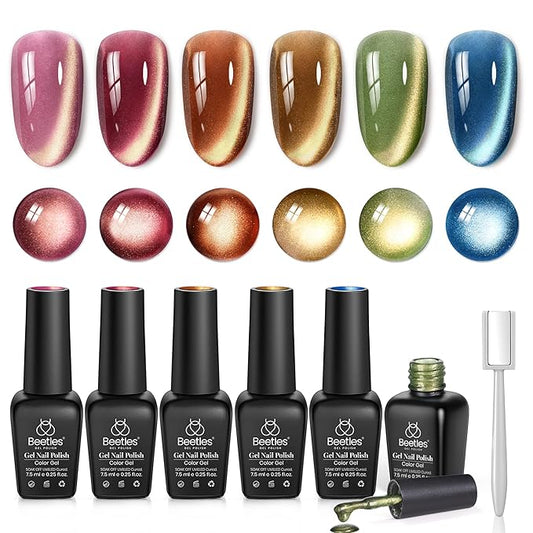 beetles Gel Polish Golden Mirage Cat Eye Gel Nail Polish Set - 6 Colors Glitter Red Green Blue Brown Pink Christmas Gel Nail Kit Magnetic Shine Soak Off UV Winter Salon DIY Manicure Gift for Women