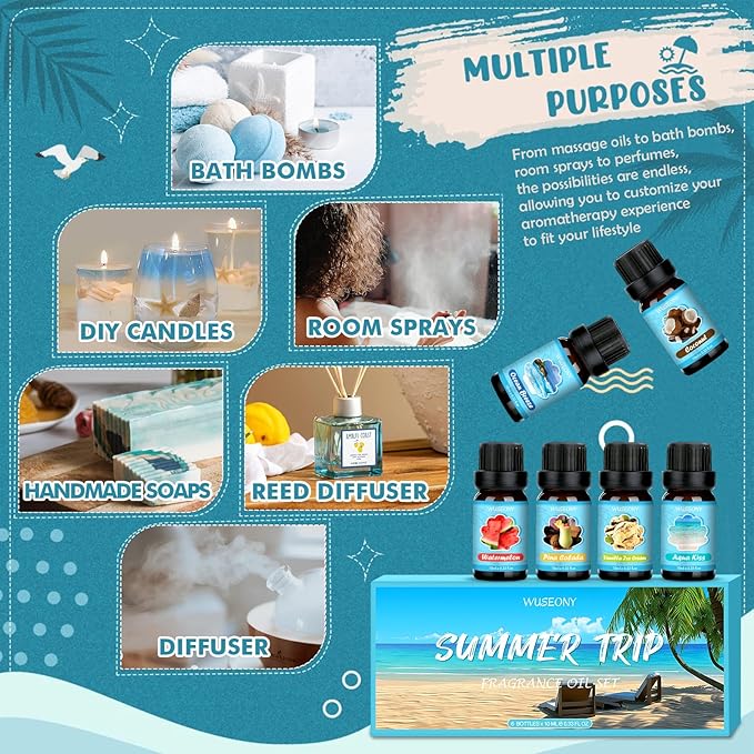 Summer Fragrance Oils Set, Premium Essential Oils for Diffuser, Natural Aromatherapy Oils for Soap Candle Making - Ocean Breeze, Coconut, Pina Colada, Watermelon, Vanilla Ice Cream, Aqua Kiss