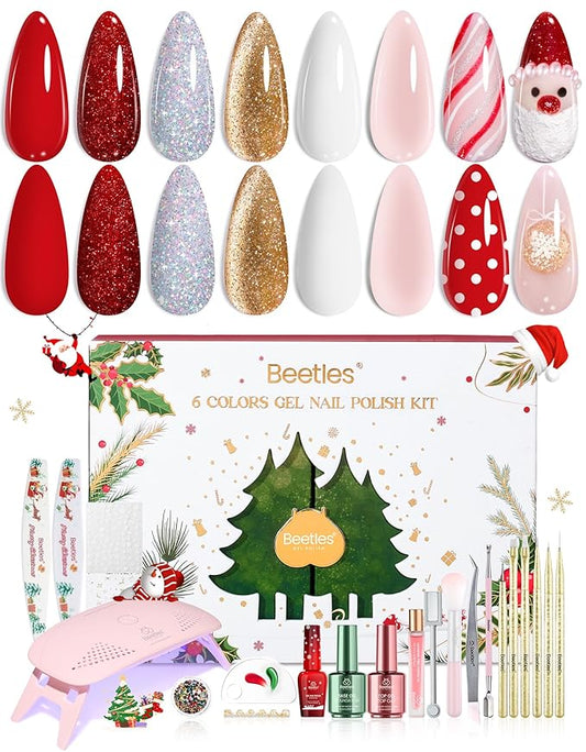 Beetles 27Pcs Christmas Gel Nail Kit Gifts for Women Teen Girls - 6 Colors Red Gold Cat Eye Glitter Merry Glitz Gel Nail Polish Kit with U V Light Jelly Winter Set Soak Off Salon DIY Manicure Set