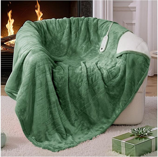 Electric Blanket Heated Throw, Flannel＆Sherpa Heated Blanket with 8 Heat Levels & 8 Hours Auto Off, Fast Heating Blankets Machine Washable with ETL Certification, 50x60 Inch, Green