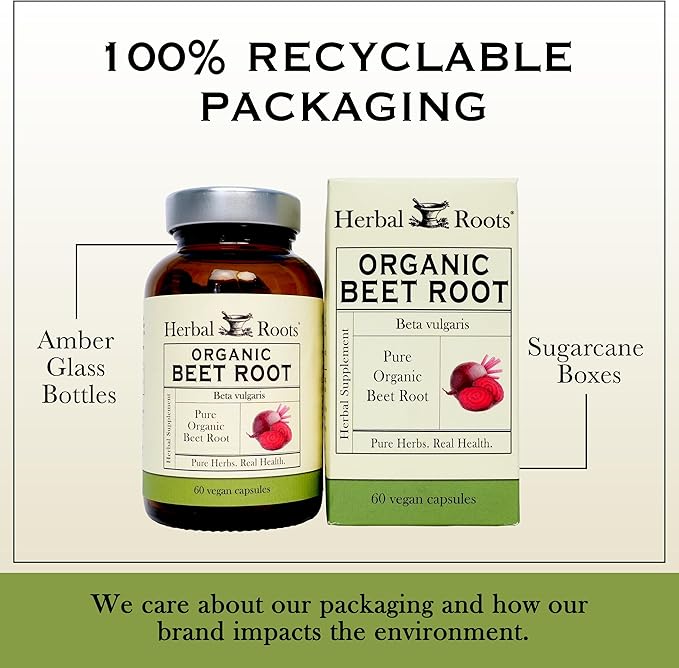 Herbal Roots Organic Beet Root Powder Capsules - 1,500mg per Serving - Certified USDA Organic - Non-GMO - 60 Count Vegan Capsules