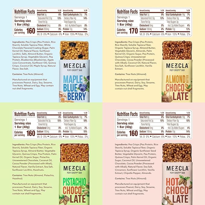 Mezcla Puff Crispy Protein Bars, Gluten Free & Vegan Protein Bars, 10g Protein, Alt for Crispy Rice Treat, Granola Bars & Breakfast Bars, Healthy Snacks for Adults, Variety Pack, 16 Count