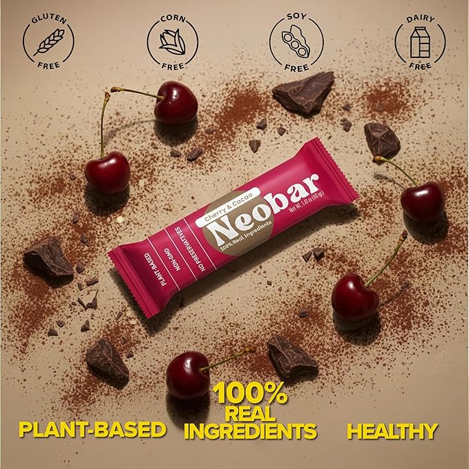 NEOBAR Fruit and Nut Bars - Plant-Based Vegan Snack Bars, Gluten Free Dairy Free Snacks, No Added Sugar, No Preservatives, Non-GMO | Cherry & Cacao,12 Count