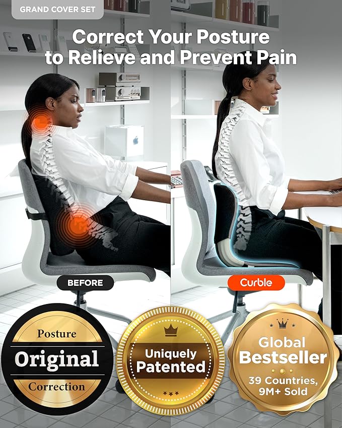 curble Grand(Extra Wide&Sturdy) Cover Set – Ergonomic Back Support Chair with Detachable Cover, Lumbar Support for Posture Correction & Lower Back Pain Relief, Perfect for Home & Office(Set Grey)
