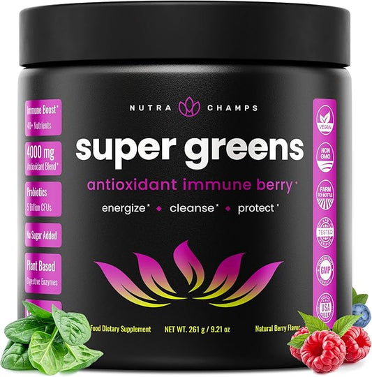 NutraChamps Super Greens Powder Premium Superfood | 20+ Organic Green Veggie Whole Foods | Wheat Grass, Spirulina, Chlorella | Antioxidant, Digestive Enzyme & Probiotic Blends (9.1 OZ, Antioxidant)