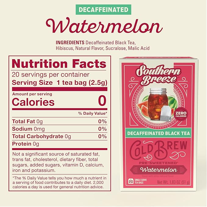 Southern Breeze Decaf Cold Brew Sweet Tea Watermelon Iced Tea with Black Tea and Zero Carbs Zero Sugar, 20 Individually Wrapped Tea Bags, Pack of 4