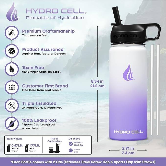 HYDRO CELL Stainless Steel Insulated Water Bottle with Straw - For Cold & Hot Drinks - Metal Vacuum Flask with Screw Cap and Modern Leakproof Sport Thermos for Adults (Lavender/White 18oz)