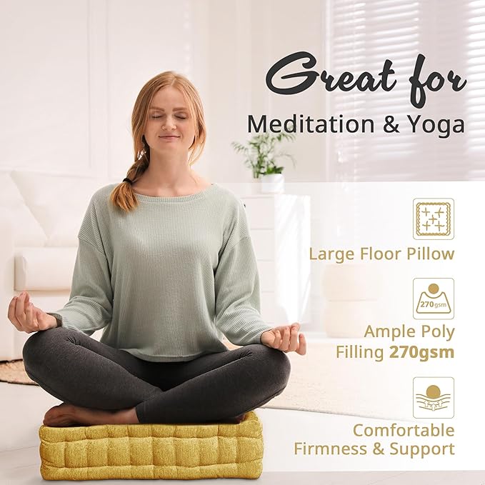 Intelligent Design Azza Floor Pillow, Large Cushions Sitting for Adults, Floor Pillow for Meditation or Yoga, Lustrous Chenille Tufted with Scalloped Edges for Bench/Chair Cushion, 20"x20"x5" Yellow