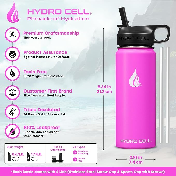 HYDRO CELL Stainless Steel Insulated Water Bottle with Straw - For Cold & Hot Drinks - Metal Vacuum Flask with Screw Cap and Modern Leakproof Sport Thermos for Adults (Fuchsia 18oz)