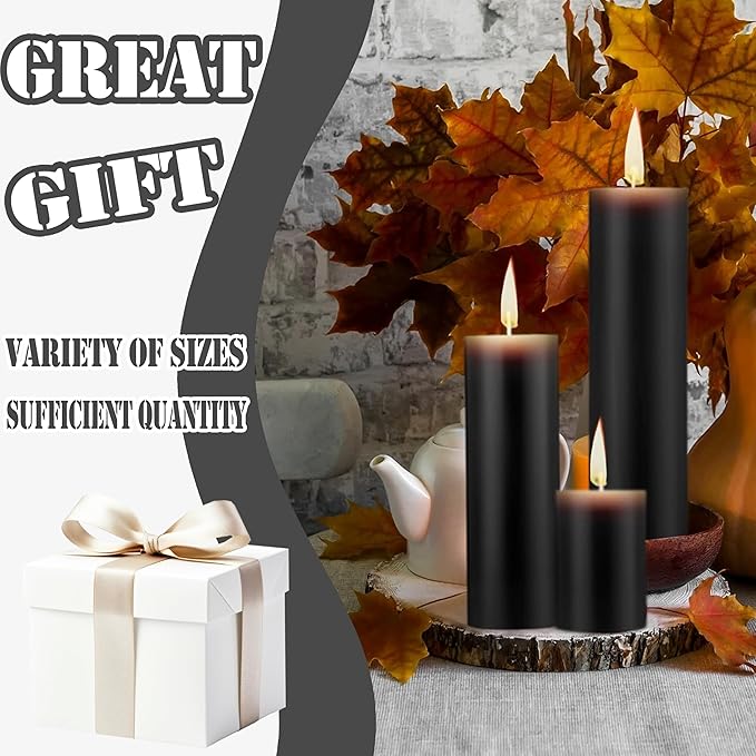 18 Pcs Black Pillar Candles Bulk Set，Hurricane Candles，3 Different Lengths (6 Each)，Dripless Unscented Smokeless，Gives You a Better Atmosphere When Organizing Wedding or Event Party.