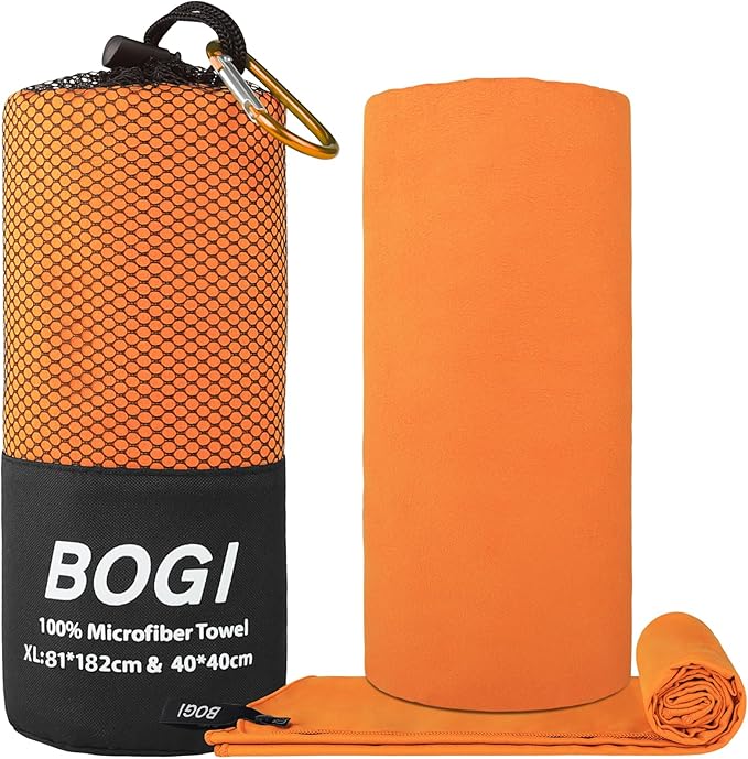 BOGI Microfiber Travel Sports Towel - Quick Dry, Soft Lightweight, Compact for Camping, Gym, Yoga, Swimming, Backpacking (XL:72''x32''+16''x16'' - Orange)