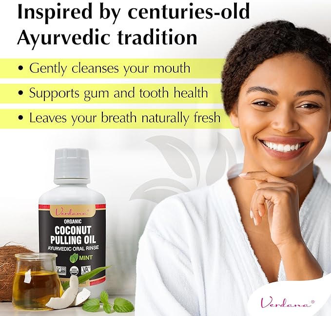 Verdana Organic Oil Pulling Mouthwash – 16 oz Mint – USDA Organic Coconut Oil Rinse for Teeth & Gums – Alcohol-Free, Fluoride-Free Natural Mouthwash for Fresh Breath & Gum Health