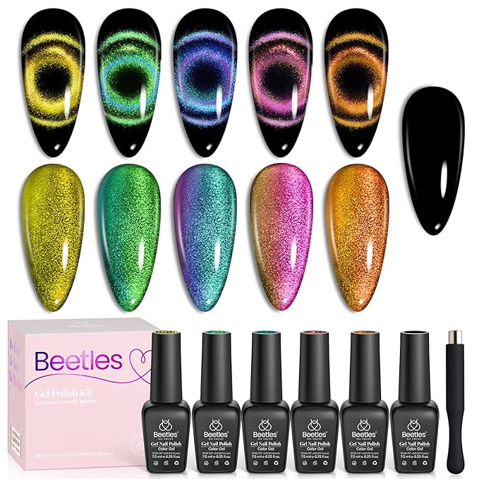 Beetles Cat Eye Gel Nail Polish Set - 6 Colors Halloween Chameleon Cat Eye Black Glitter Red Blue Gold Green Orange Gel Polish with Magnet Soak Off UV Velvet Gel Salon French Nail Art Gift for Women