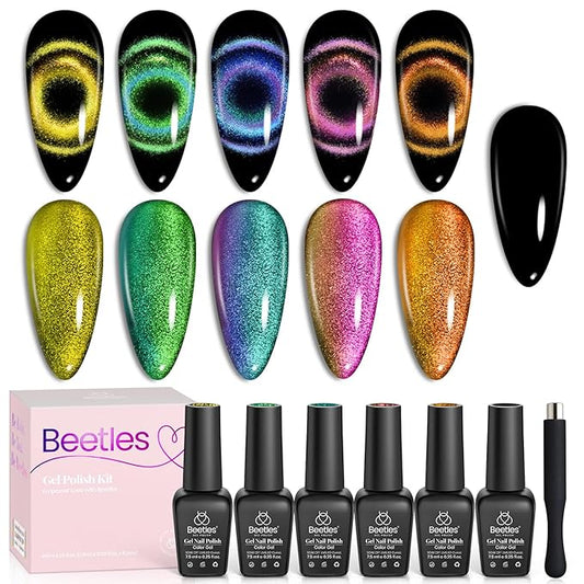 Beetles Cat Eye Gel Nail Polish Set - 6 Colors Halloween Chameleon Cat Eye Black Glitter Red Blue Gold Green Orange Gel Polish with Magnet Soak Off UV Velvet Gel Salon French Nail Art Gift for Women