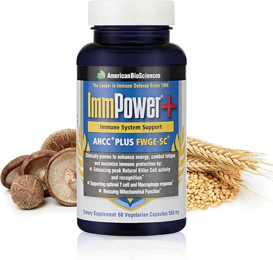 American BioSciences ImmPower Plus, AHCC & Fermented Wheat Germ Extract Herbal Supplement, 550mg per Capsule for Immune Support, Maintains Natural Killer Cell Activity, Pack of 1, 60 Veggie Capsules