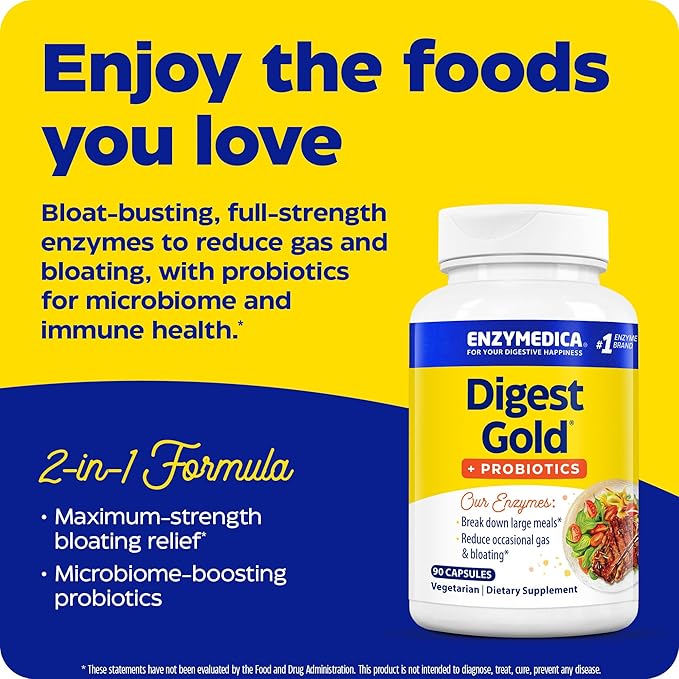 Enzymedica Digest Gold + Probiotics, 2-in-1 Formula for Gut Health, Digestive Enzymes & 1 Billion Active Probiotic Cultures, 90 Count (FFP)