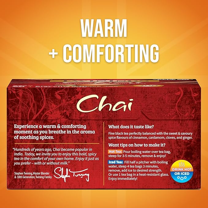 Twinings Chai Black Tea Individually Wrapped Bags, 50 Count (Pack of 6), Sweet, Savoury Spices, Caffeinated, Enjoy Hot or Iced, 300 Teabags