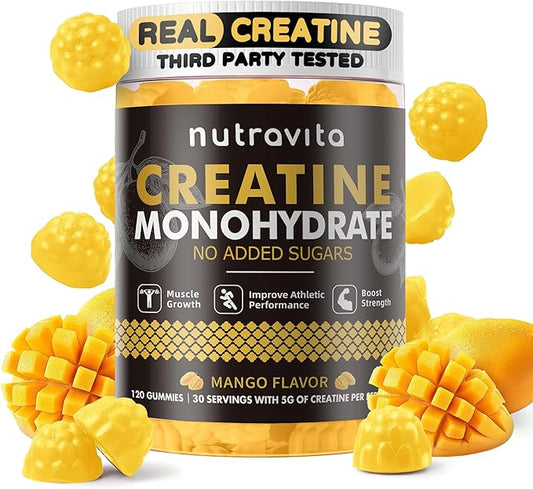 Nutravita Creatine Monohydrate Gummies for Men & Women-5g of Creatine Monohydrate per Serving - Sugar Free,Vegan, Mango Flavor, 120 Count